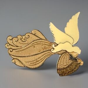 Vintage Angel with Horn Brooch Gold Enameled Pin 2”